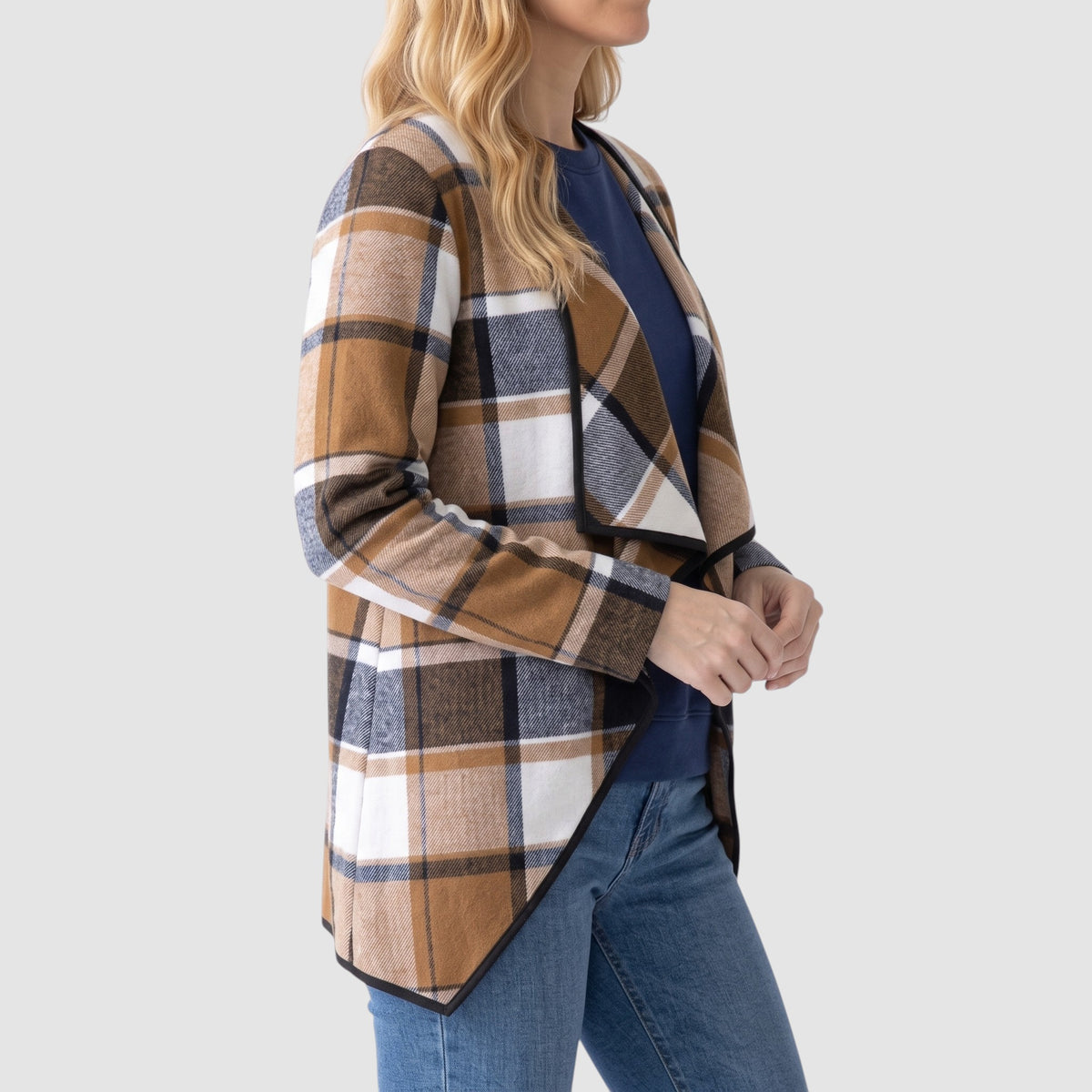 Women’s Plaid Open-Front Cardigan – Draped Waterfall Knit Jacket