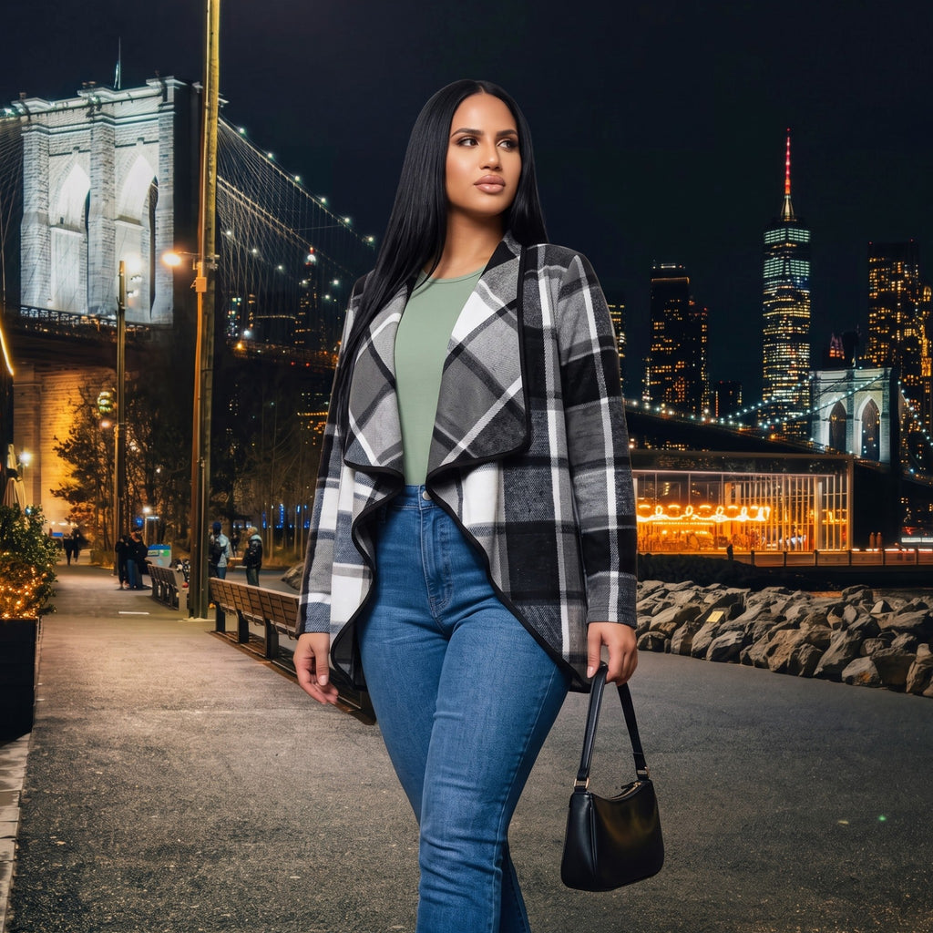 Women’s Plaid Open-Front Cardigan – Draped Waterfall Knit Jacket