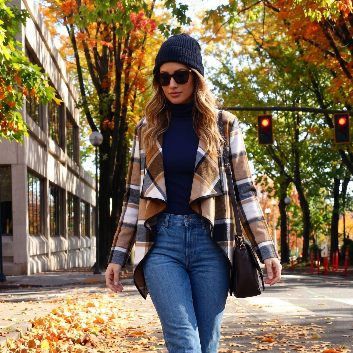 Women’s Plaid Open-Front Cardigan – Draped Waterfall Knit Jacket