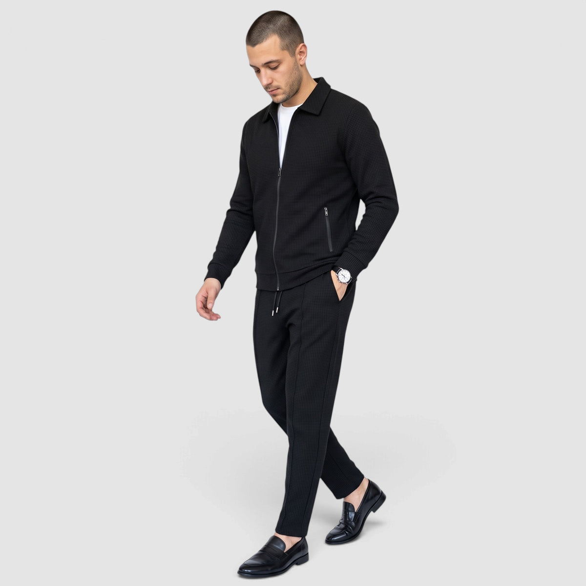 Men’s Textured Zip-Up Jacket & Pants Set