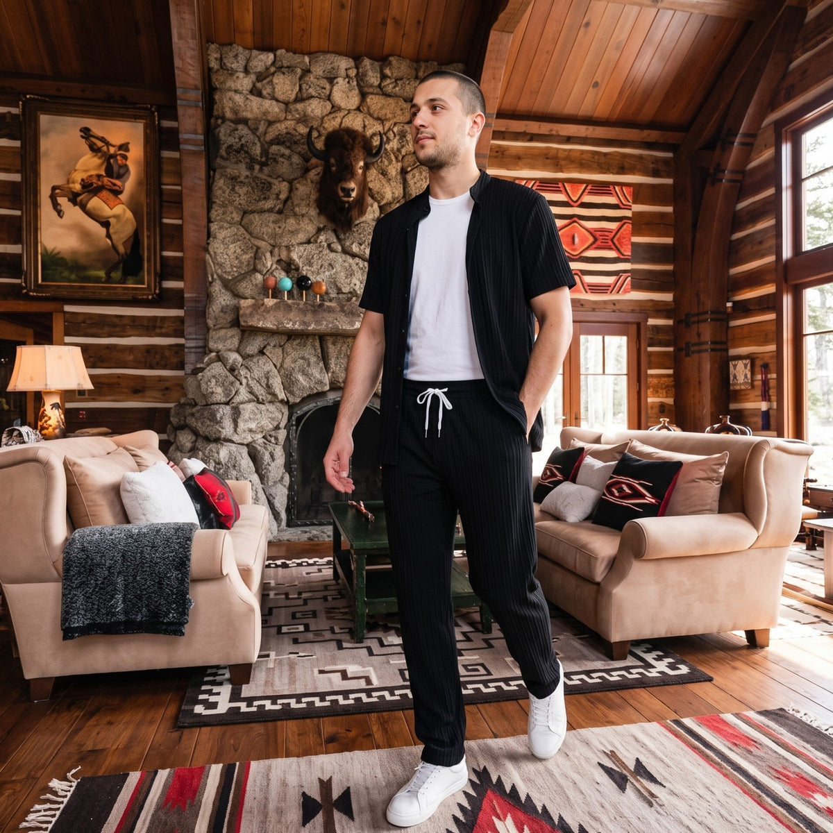 Men’s Textured Two-Piece Summer Set – Short Sleeve Shirt & Relaxed Pants