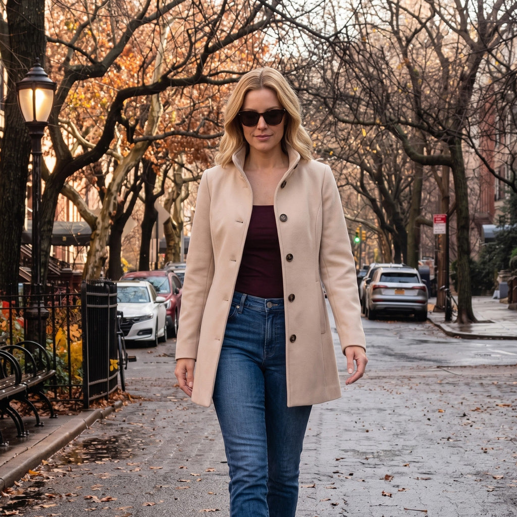Women’s Long Button-Front Coat – Tailored Wool Blend Outerwear