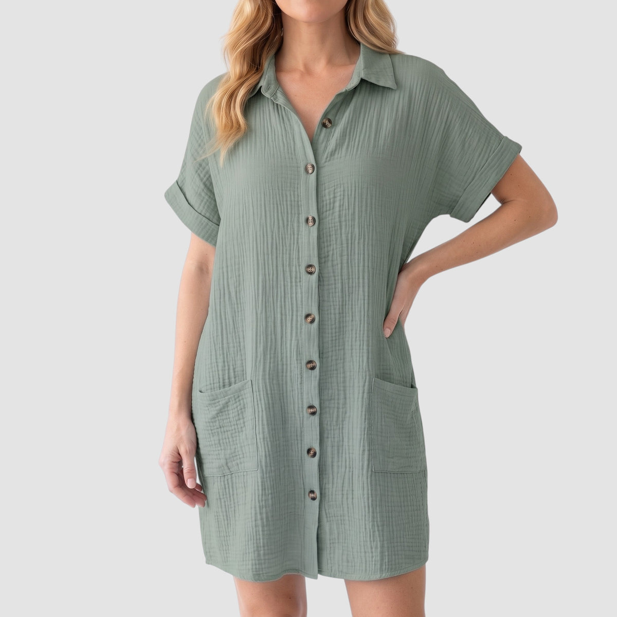Women’s Short-Sleeve Shirt Dress – Button-Front Casual Dress