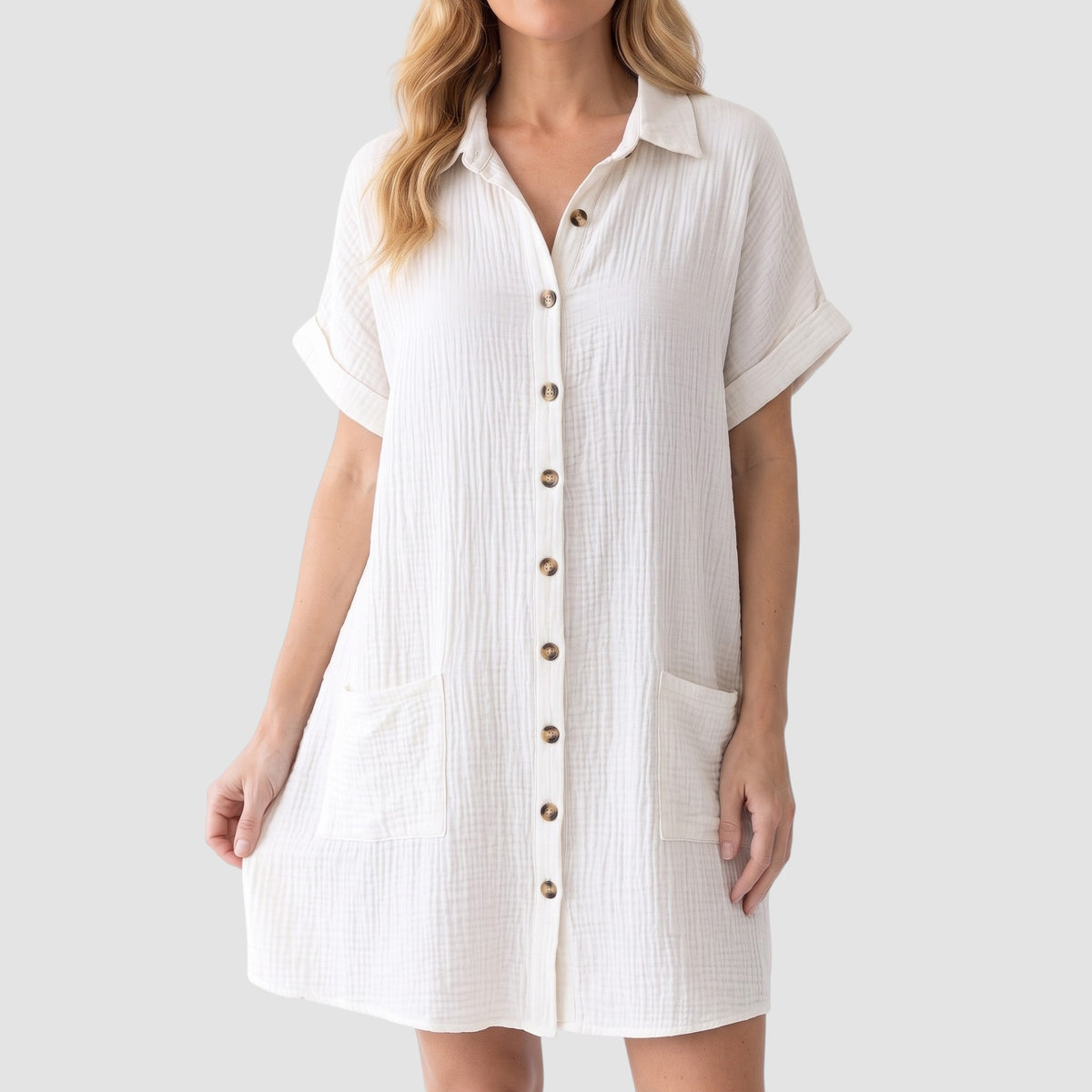 Women’s Short-Sleeve Shirt Dress – Button-Front Casual Dress