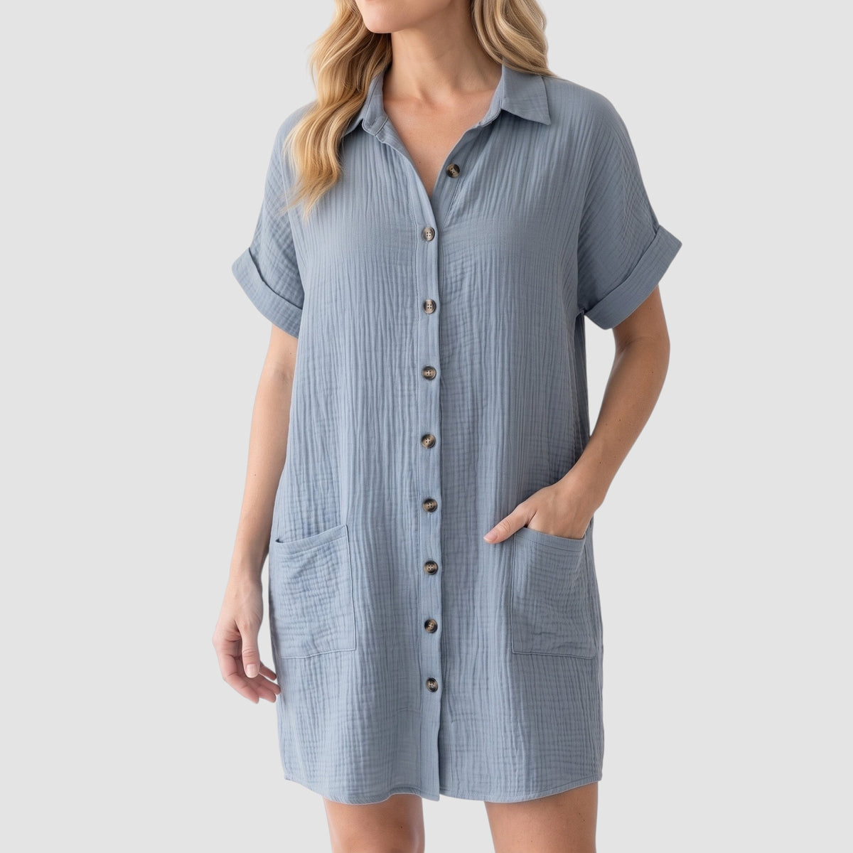 Women’s Short-Sleeve Shirt Dress – Button-Front Casual Dress