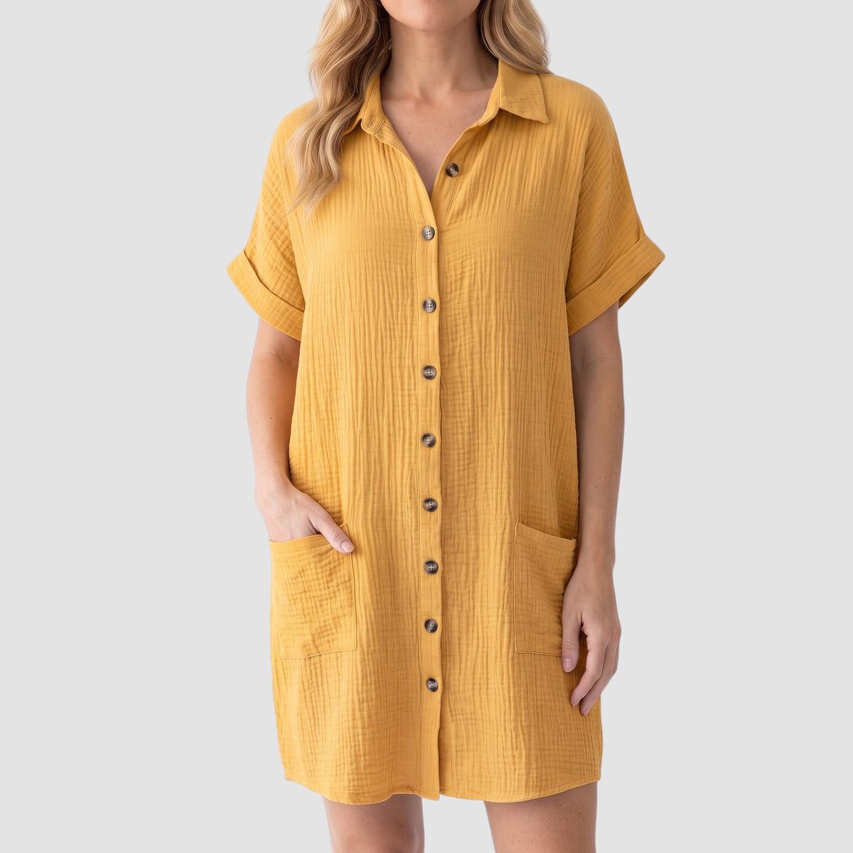 Women’s Short-Sleeve Shirt Dress – Button-Front Casual Dress