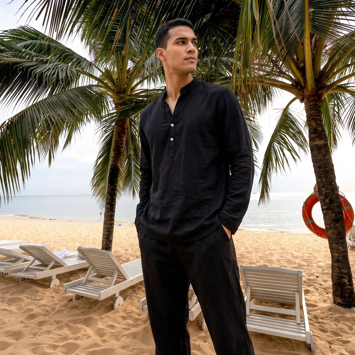 Men’s Linen Blend Two-Piece Set – Henley Shirt & Drawstring Trousers