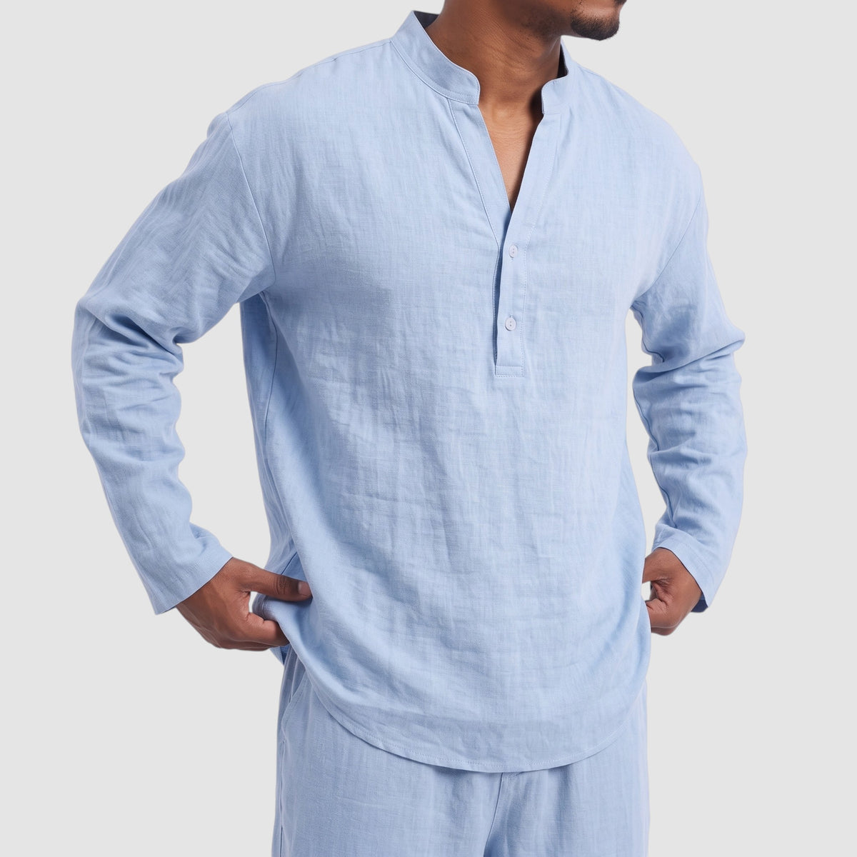 Men’s Linen Blend Two-Piece Set – Henley Shirt & Drawstring Trousers