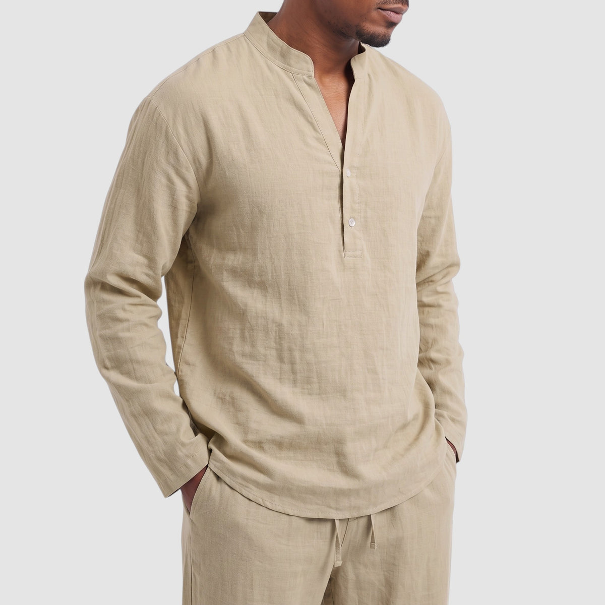 Men’s Linen Blend Two-Piece Set – Henley Shirt & Drawstring Trousers