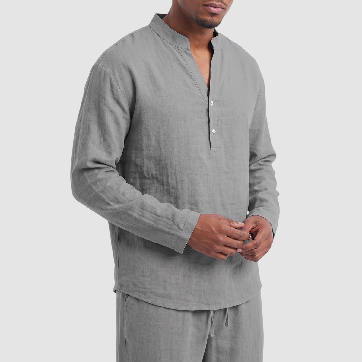 Men’s Linen Blend Two-Piece Set – Henley Shirt & Drawstring Trousers