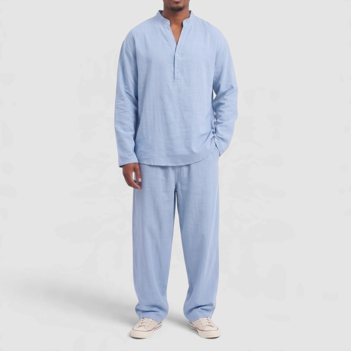 Men’s Linen Blend Two-Piece Set – Henley Shirt & Drawstring Trousers