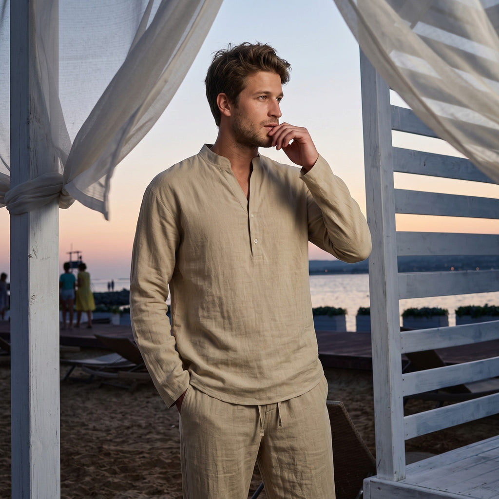 Men’s Linen Blend Two-Piece Set – Henley Shirt & Drawstring Trousers