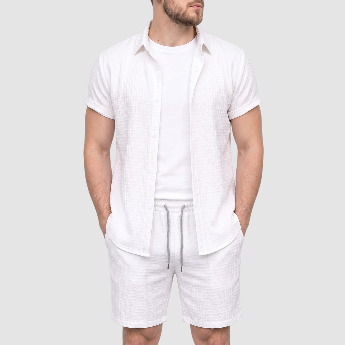 Men’s Linen Beach Two-Piece Set – Short Sleeve Shirt & Shorts