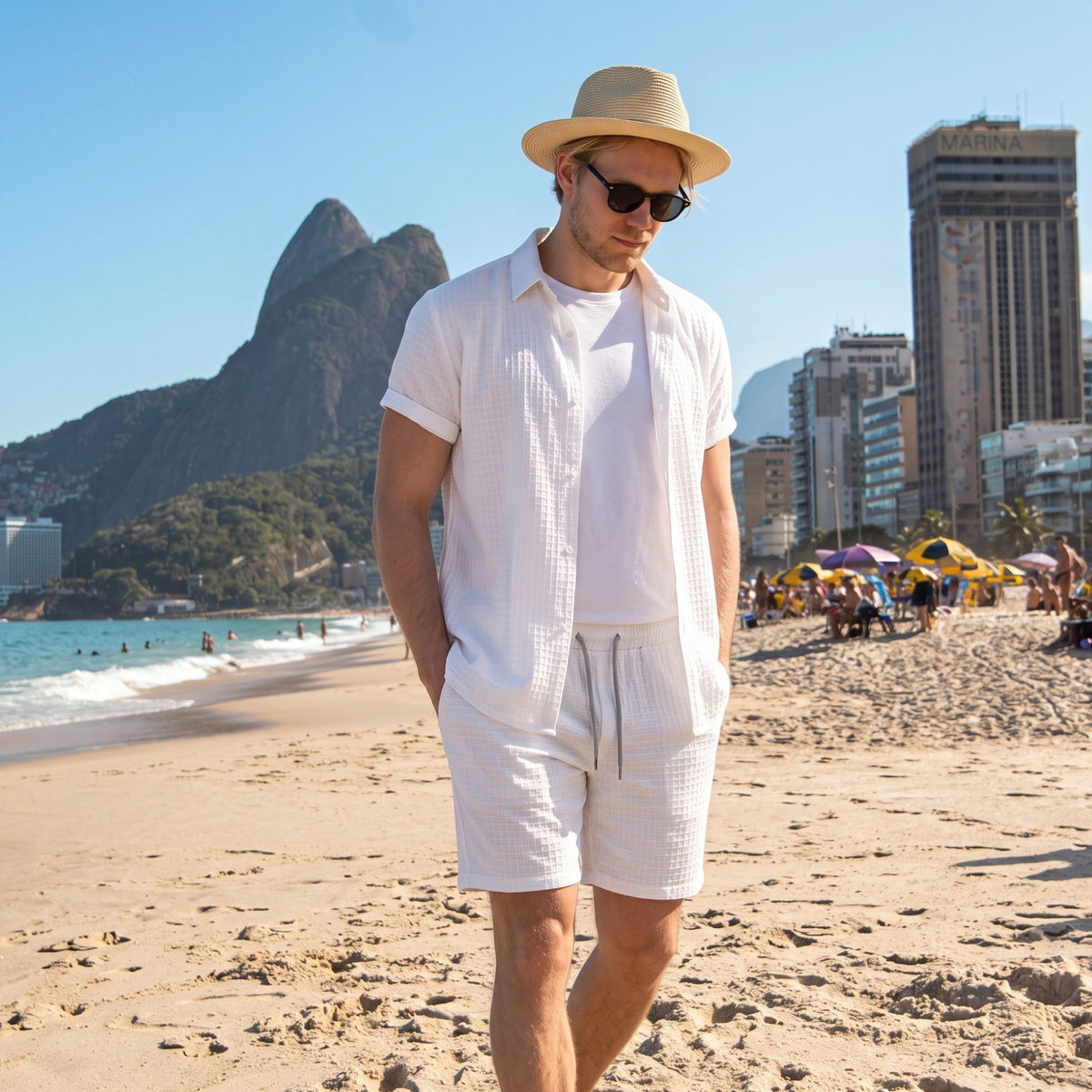 Men’s Linen Beach Two-Piece Set – Short Sleeve Shirt & Shorts