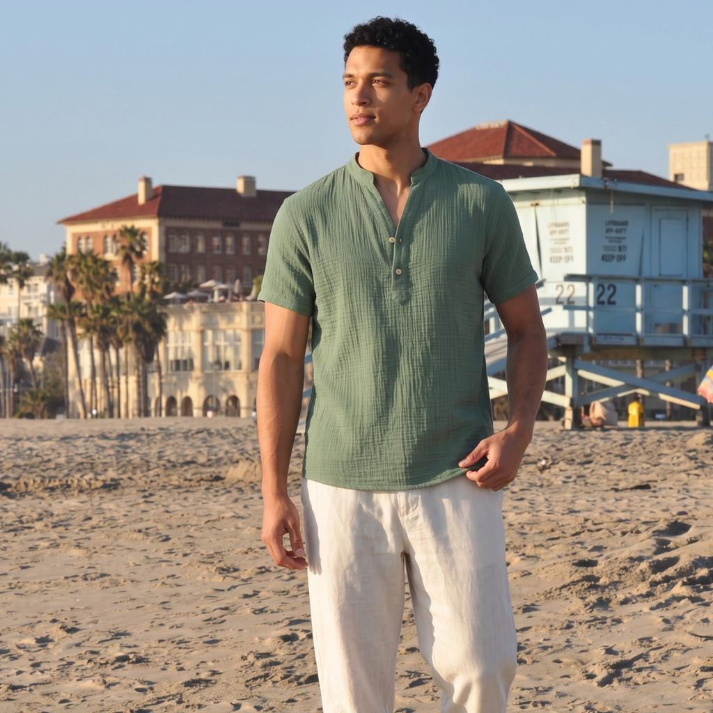 Men’s Cotton-Linen Cuban Shirt – Double-Layer Short Sleeve