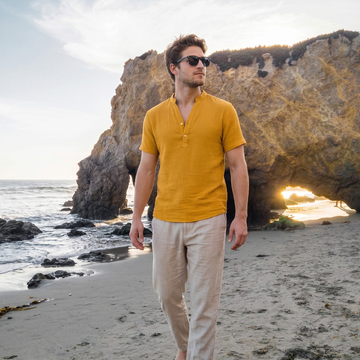 Men’s Cotton-Linen Cuban Shirt – Double-Layer Short Sleeve