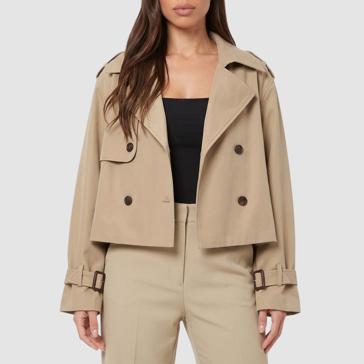 Women’s Cropped Trench Coat – Double-Breasted Waist-Length Jacket