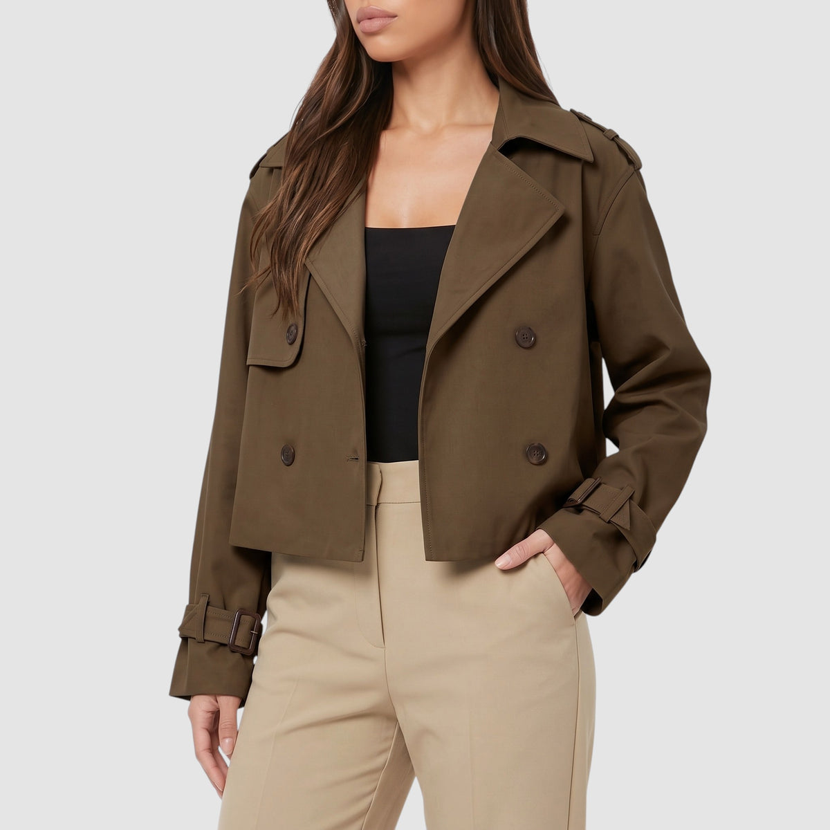 Women’s Cropped Trench Coat – Double-Breasted Waist-Length Jacket