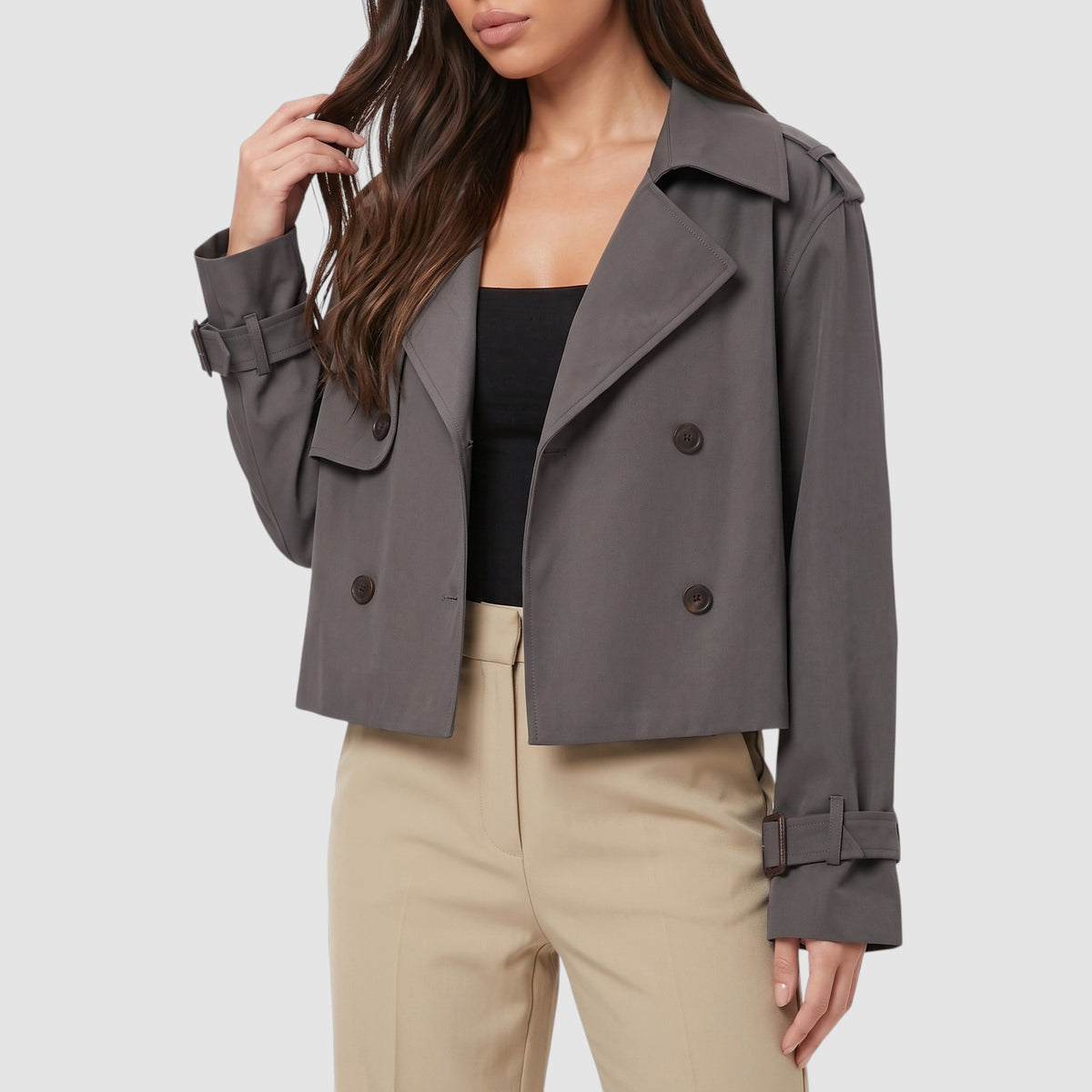 Women’s Cropped Trench Coat – Double-Breasted Waist-Length Jacket