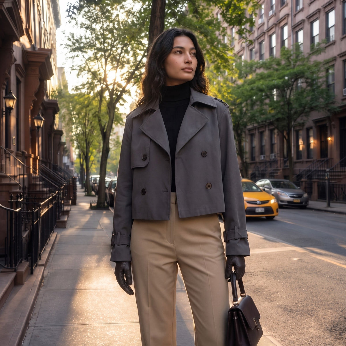Women’s Cropped Trench Coat – Double-Breasted Waist-Length Jacket